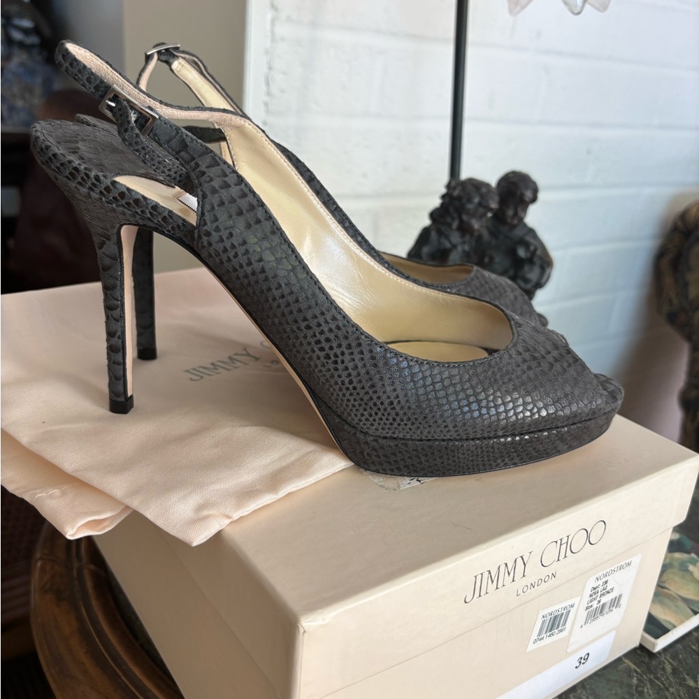 Jimmy Choo Grey Python Peep Toe Slingback Platform Sandals Size 39